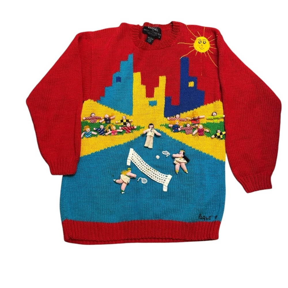 🎾 Vintage Raquel Collection Hand Knit Tennis Match Sweater‎ Peru L Red Blue 🎾
